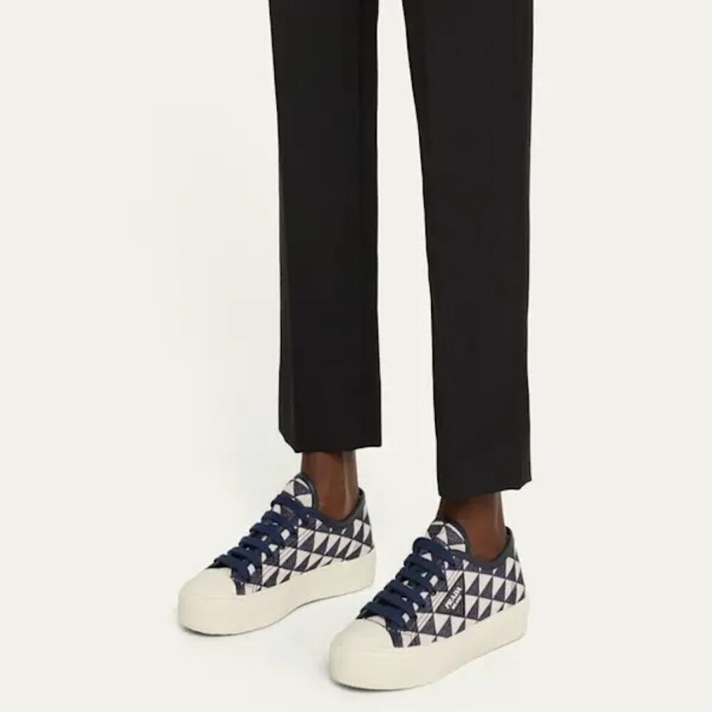 PRADA Triangle Logo Jacquard Lace Up Platform Sneakers Trainers Flat Shoes - Picture 2 of 14